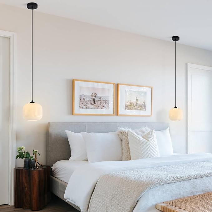 KCO Lighting Frosted White Glass Pendant Light Black Farmhouse Kitchen Light Fixtures Ceiling Hanging Over Table Mid Century Modern Globe Pendant Light Single Hanging Light Fixture