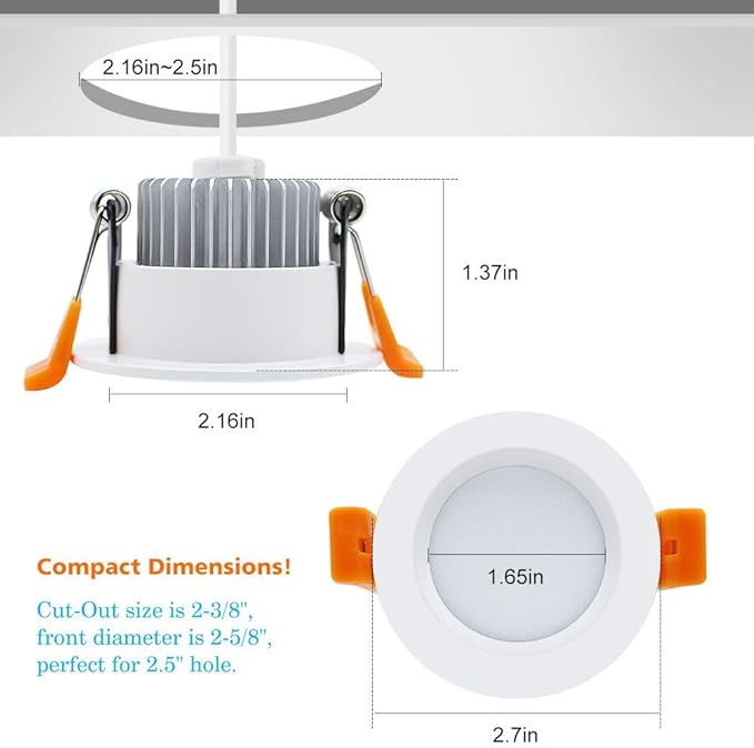 2 Inch LED Downlight, Recessed Lighting Dimmable Ceiling Light, 3W, 5500K Daylight White, CRI80 with LED Driver(35W Halogen Equivalent), 1 Pack