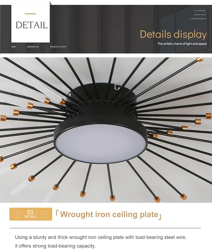 51 Inch Modern LED Ceiling Light 42+1 Lights Ceiling lamp Flush Mount Chandelier Black Interior Lighting for Living Room Dining Room Bedroom 4000K Fireworks Decoration Close to Ceiling Light
