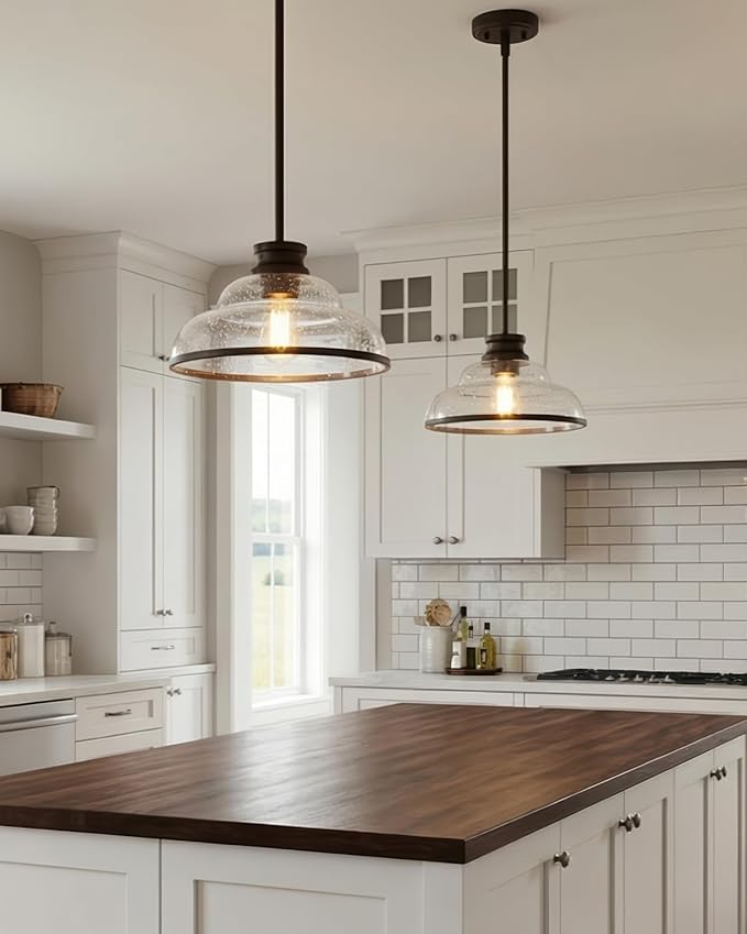 kudos Pendant Lights Kitchen Island, 11" Oil Rubbed Bronze Kitchen Island Lighting with Seeded Glass Shade, Farmhouse Large Hanging Light Fixture for Kitchen Sink Dining Room, KDPL14-ORB-2PK