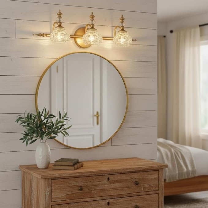 Bathroom Vanity Light Fixtures, Farmhouse Vintage Wall Sconce Lighting with Glass Shade, Bath Vintage Wall Mounted Lamps for Mirror (3 Lights,Gold,G9 Base)