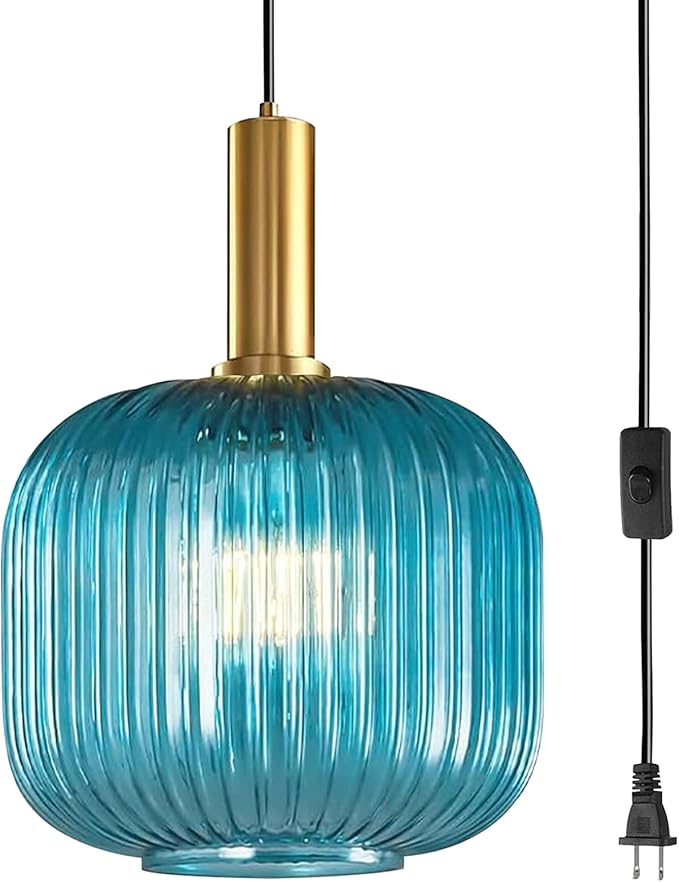 Blue Ribbed Glass Plug in Pendant Light, 9.8" Handblown Striped Hanging Lamp with 14.76ft Cord & Rocker Switch, Mid-Century Modern Pendant Lighting for Kitchen Island, Dining Room, Bedroom