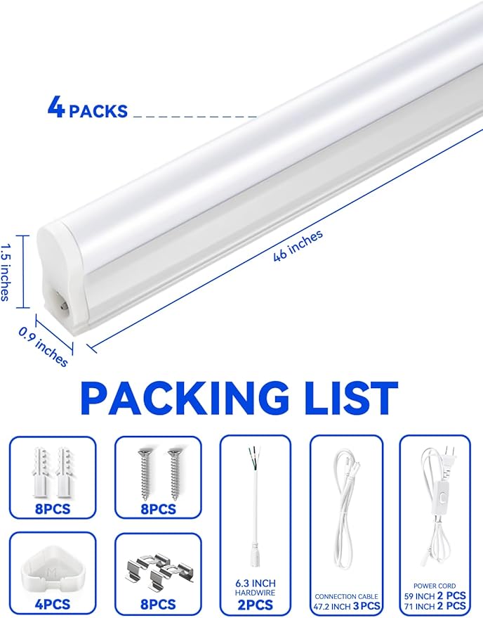 4FT T5 PRO LED Shop Lights, 2800LM 6500K Bright White LED Integrated Fixture, 20W Linkable Garage Light, Ceiling and Cabinet Light with ON/Off Switch, Workshop, Basement, 4 Pack