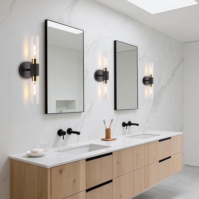 BYOLIIMA Modern Knurled Texture Wall Sconce Clear Glass Shade Modern Gold Black Bathroom Vanity Light Fixtures 2-Lights Mid Century Wall Light for Mirror Living Room Hallway E26 T10 Bulbs(Excluded)
