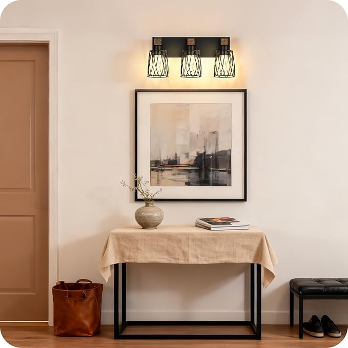 Industrial Farmhouse Bathroom Vanity Light, 3-Light Wood and Metal Wall Light Fixture, E26 Bulbs Not Included, for Bathroom, Vanity, Hallway, Black and Rustic Brown B19BD05