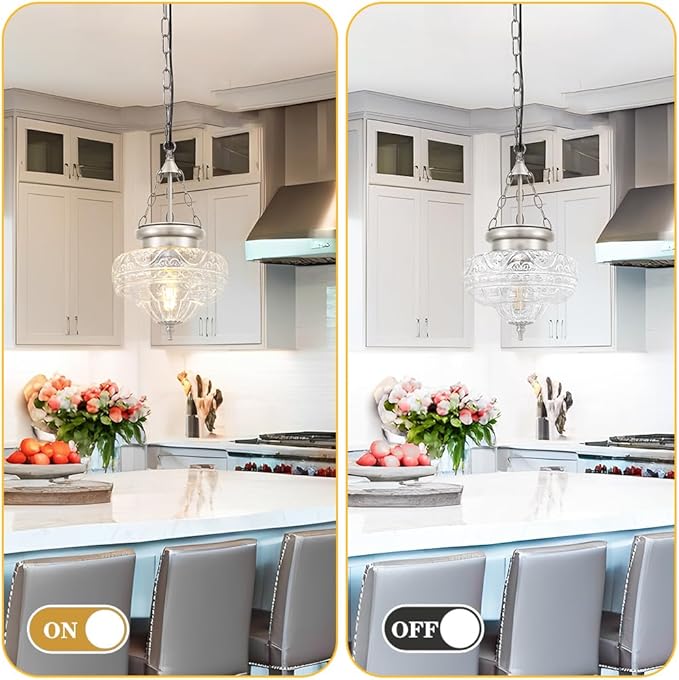 Vintage Pendant Light - Brushed Nickel Pendant Lights Kitchen Island with Floral Glass, Hanging Lighting Fixtures with Adjustable Hanging Chain for Kitchen, Island, Dining Room, Entryway