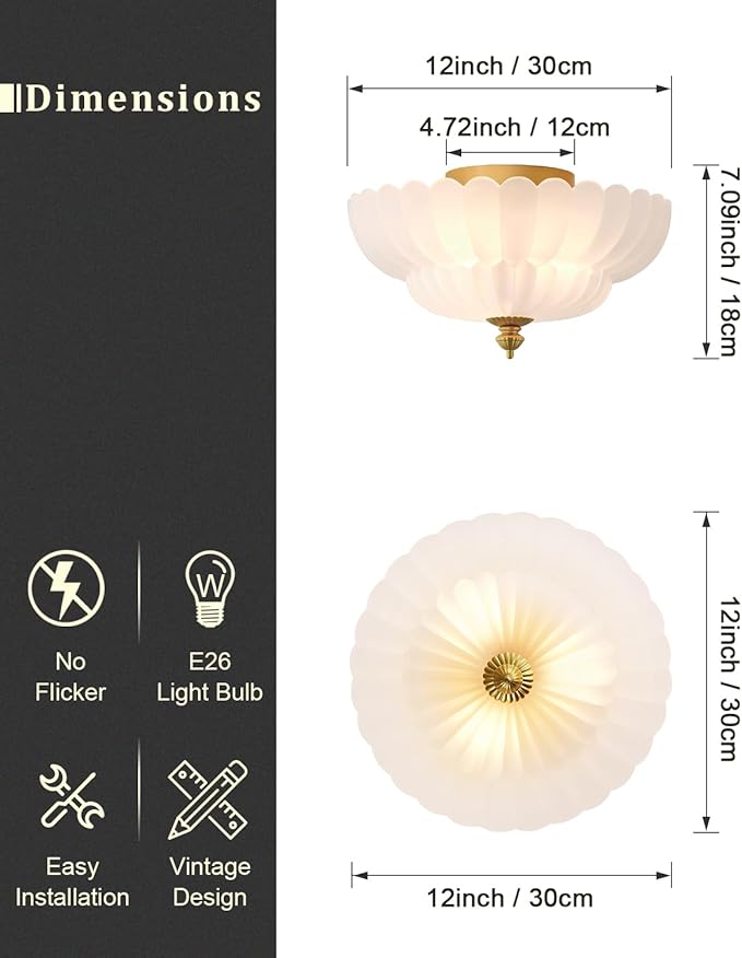 ANYLOVE Modern 12Inch Frosted Glass Flower Glass Semi Flush Mount Ceiling Light, 3 Light for Living Room Bedroom Hallway Entryway Foyer