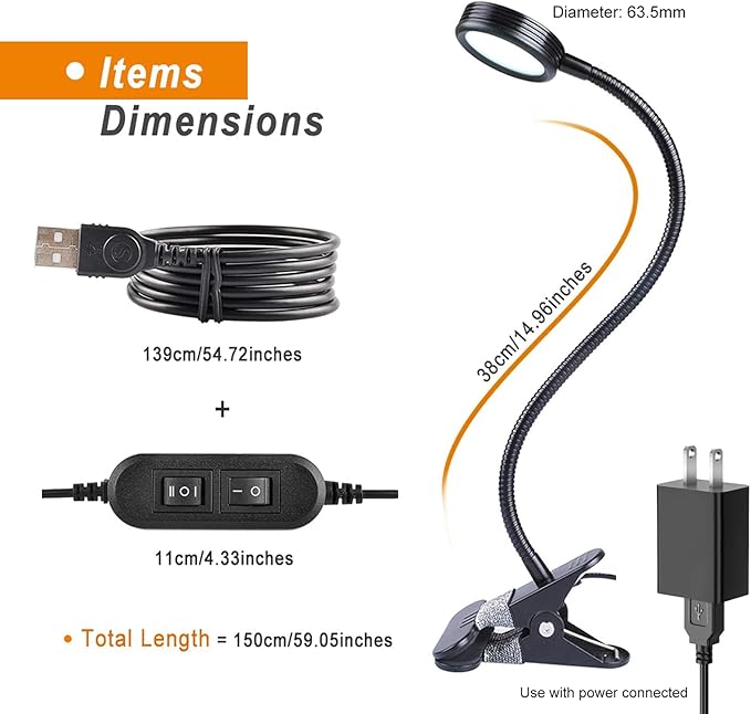 LEPOWER Clip on Light/Reading Lights/Book Light/Desk Lamp Color Changeable/Night Lights Clip on for Desk, Bed Headboard and Computers, Adapter Included (Black)