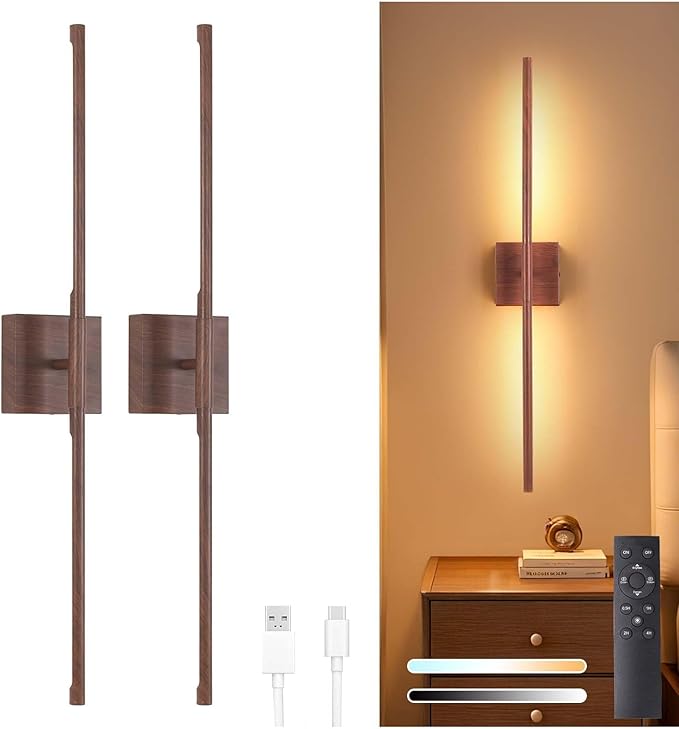 Shenmoyl Battery Operated Wall Sconce Set of 2, 10400mAh Rechargeable Wall Sconces, 3000K-6000K Dimmable, 350°Rotate, Indoor Wall Lights for Bedroom Living Room Bathroom, Black Walnut, 31.5 Inch