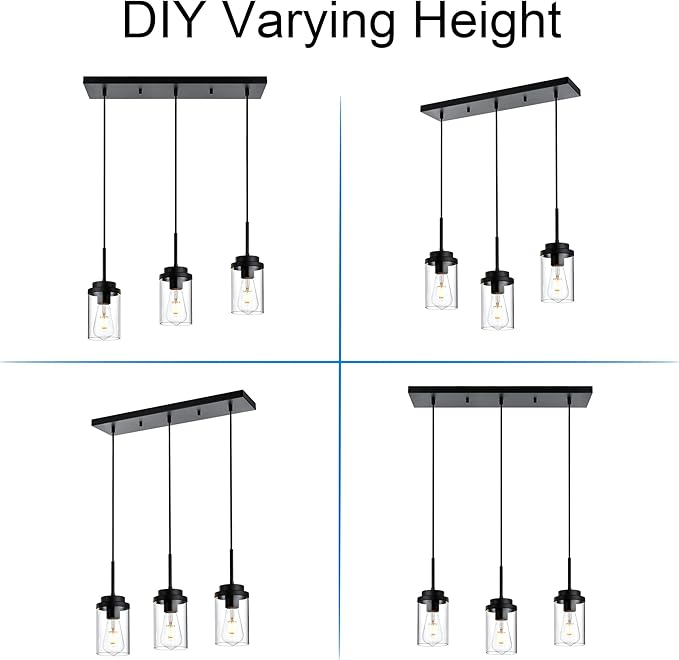 MELUCEE 3 Lights Linear Chandelier Black Finish Kitchen Pendant Lighting Over Island Dining Room Light Fixtures Ceiling Hanging Lamp with Clear Glass Shade, 20.5 Inches Length