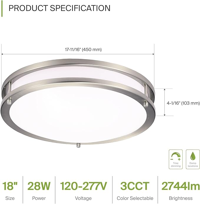 ASD LED 18" Round Flush Mount Lighting, Close to Ceiling Light Fixture | 3CCT, Dimmable, Energy Star, ETL Listed | 28W 2744LM 3000-5000K 100-277V | Low Profile Double Ring Lamp | Nickel