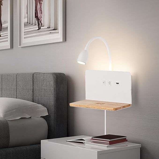 Bedside Wall Sconces with Wireless Charging Station & USB Charging, 3 Adjustable Color Temperatures LED Reading light, 3000K Warm Ambient lighting Wall Mounted Sconce for Bedroom, Plug-in or Hardwired