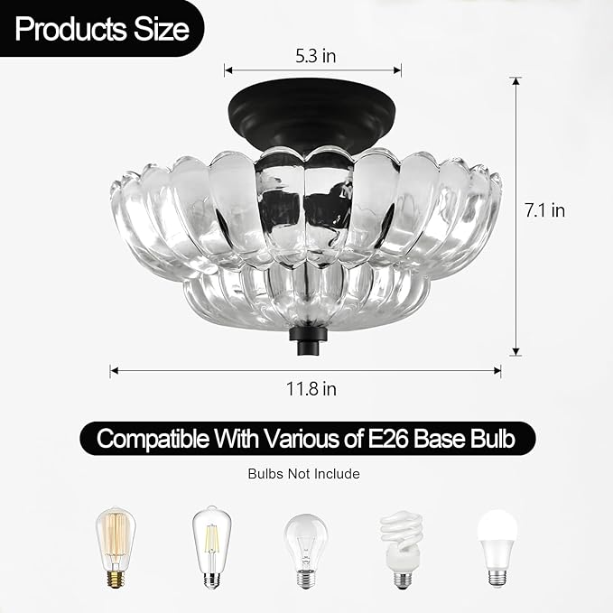 Vintage Ceiling Light, Black Semi Flush Mount Lighting with Scalloped Clear Glass Shade, Hallway Light Fixtures Ceiling Mount, Modern Farmhouse Chandelier for Kitchen Bathroom, 3 Lights