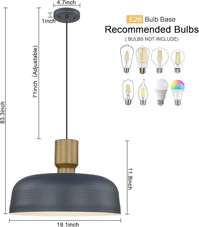 Farmhouse Pendant Lights, Adjustable Hanging Light Fixtures with Hammered Metal Shade, 18.1 inch Pendant Lighting for Kitchen Island, Blue