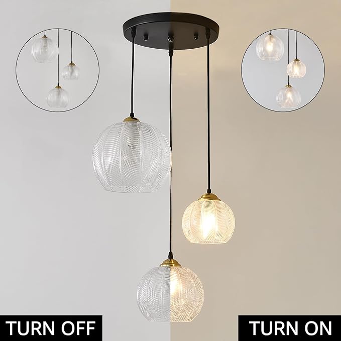 3-Light Clear Glass Pendant Light, Globe Shade Hanging Chandelier, Hand Blown Glass Ball Pendant Light Fixtures for Kitchen Island, Staircase, Dining Room, Living Room, Bedroom