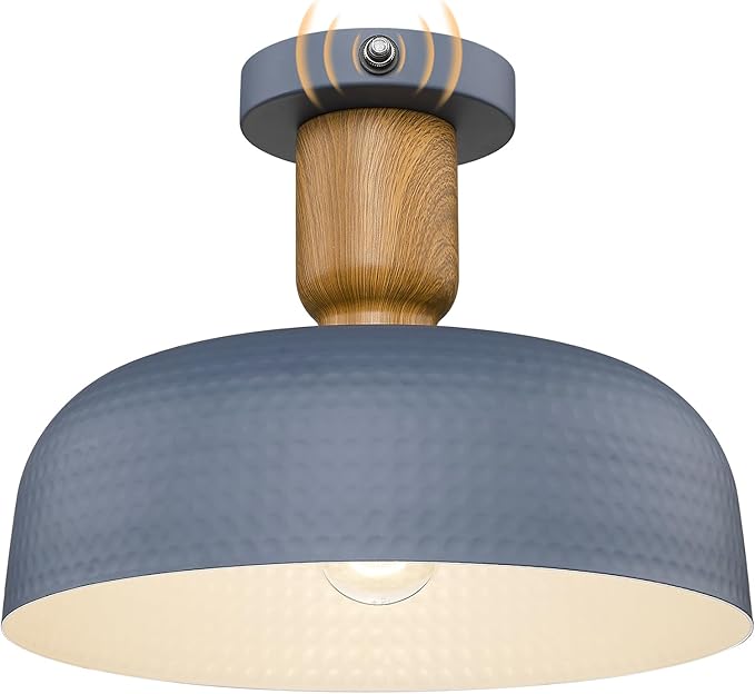 Darkaway Dusk to Dawn Industrial Semi Ceiling Light Fixtures, Flush Mount Indoor Outdoor Ceiling Light with Blue Hammered Metal Shade Outdoor Porch Foyer Entryway