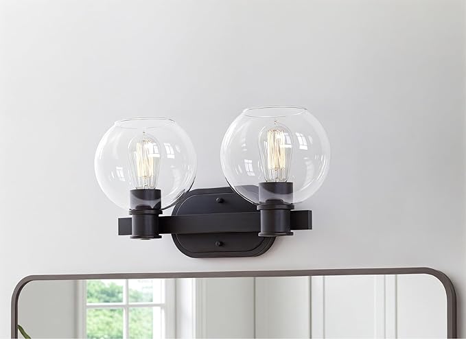Tawson Dan Modern Farmhouse 2-Light Vanity Light Wall Sconce Lighting with Clear Glass Globe Shade in Light Black Finish for Bedroom, Hallway, Kitchen