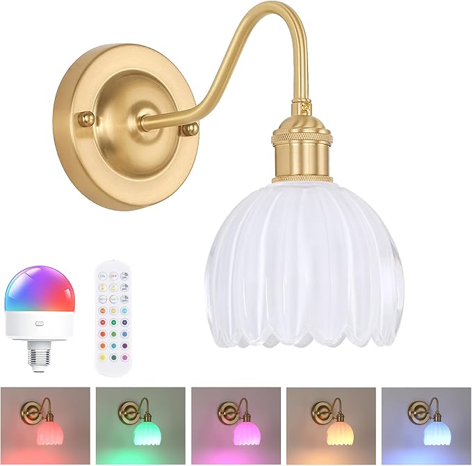 Shenmoyl Vintage Battery Operated Wall Sconce, 5000mAh Wireless Rechargeable Wall Light, Indoor Battery Powered Wall Lamp for Bedside Bedroom Living Room, Tulip White