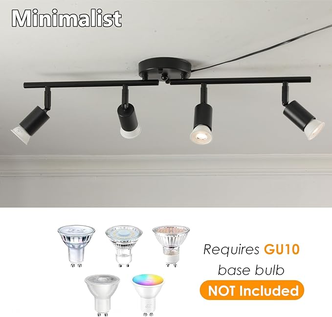 4 Light Black Plug in Track Light White Plug in Ceiling Lighting Fixture with 16.4' Long Cord,4 Way Ceiling Spotlight,Rotatable Wall Mount Light Head