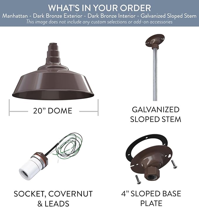 Steel Lighting Co. Manhattan Warehouse Light | Ceiling Mounted Pendant | 20 inch Dome | 12 inch Galvanized Sloped Stem | Large Steel Barn Light Made in America | Dark Bronze Interior/Exterior