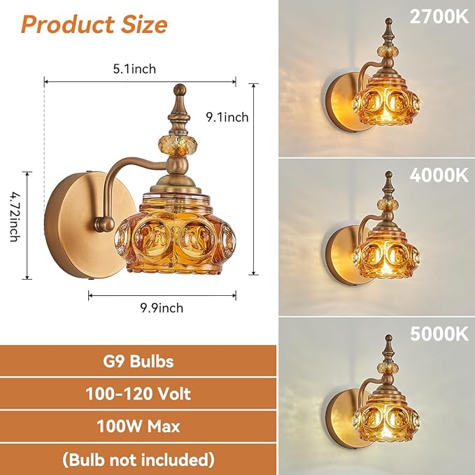 Vintage Wall Sconces with Amber Rose Glass Lampshade Bathroom Sconces Modern Wall Lighting Fixture for Bedside Bedroom Doorway