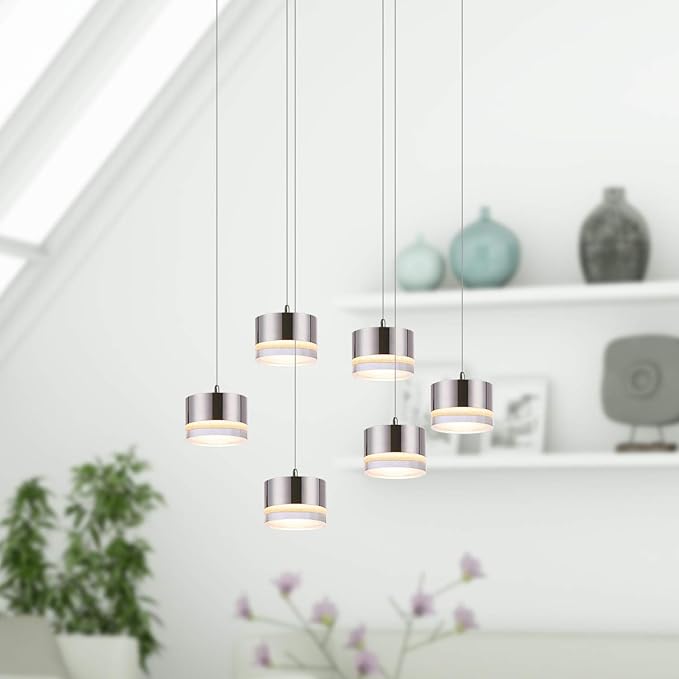 Jupiter 6 Mini Pendant Lighting Nickel - LED Hanging Light Fixture for Kitchen Island, Bar, Foyer - Cluster Pendants - Dimmable, Adjustable Wire, Lamp Bulb Included