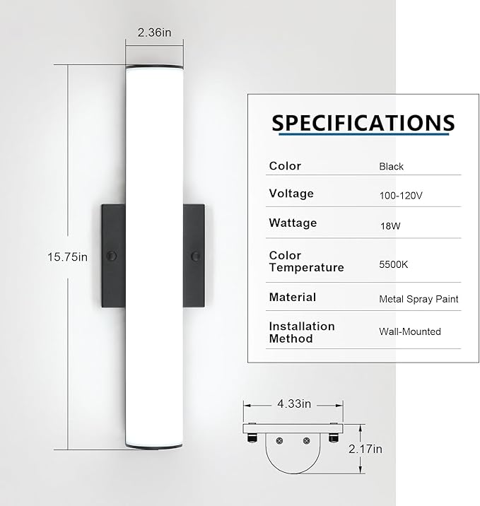 18W LED Bathroom Vanity Light Bar,16Inch Matte Black Bathroom Wall Lighting Fixtures Over Mirror, Modern Acrylic Bath Wall Fixture, Cool White 5500K Wall Sconce Lighting