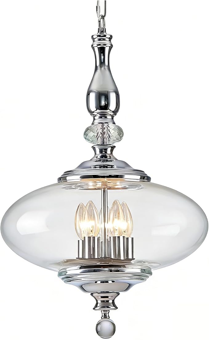 5 Light Chrome Chandelier Modern Glass Large Pendant Light H 27.5" x W 15.7" for Kitchen Island, Dining Room.E12 Bulb