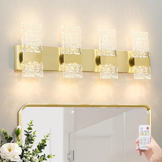 Modern Brushed Gold 8-Lights Bathroom Vanity Light, Eleglant Brass LED Bathroom Light Fixtures over Mirror, Dimmable Acrylic Shade Wall Lighting Fixtures, Hardwired Wall Light(H9.25in, L28.35in)