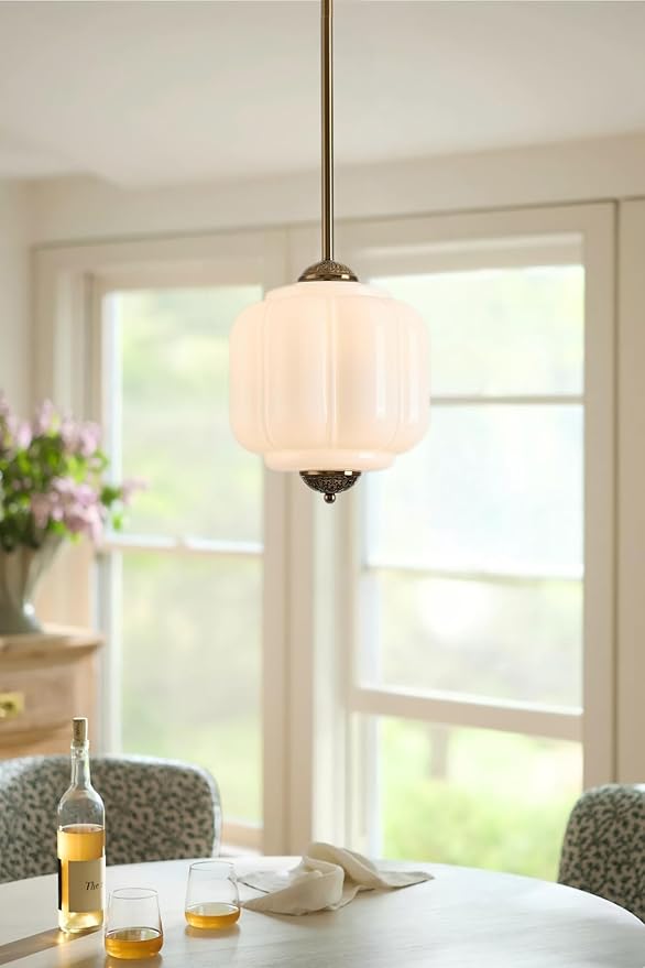 Milk Glass Ceiling Light Fixture, 9.8" Vintage Semi Flush Mount Pendant Light with Antique Brass Finish, Schoolhouse Light Fixture - Antique Chandelier for Kitchen, Hallway, Dining Room