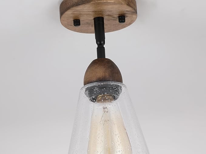 Rustic Farmhouse Glass Flush Mount Ceiling Light Fixture Mini Clear Seeded Glass Shade and Oak Wood Semi Flush Mount Ceiling Light for Kitchen Hallway Entryway Sink Farmhouse