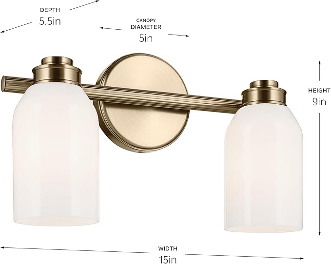 Kichler Shae 15" 2-Light Vanity Light Fixture with White Opal Glass in Champagne Bronze for Bathroom Vanity Over Mirror, Modern Coastal Style (15" W x 9" H), 55201CPZ