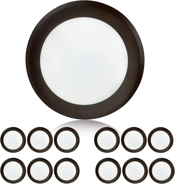TOPELER Surface Mount LED Ceiling Light, 6 Inch Bronze Trim Low Profile Dimmable Flush Mount Disk Light, Install with J-Box or Recessed Can, 15W 5000K Daylight 1000Lm, ETL-Listed, 12 Pack