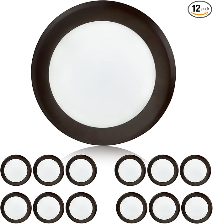 TOPELER Surface Mount LED Ceiling Light, 6 Inch Bronze Low Profile Dimmable Flush Mount LED Disk Light, Installs into J-Box or Recessed Can, 15W 1000Lm, 3000K Warm White, FCC & ETL-Listed, 12 Pack