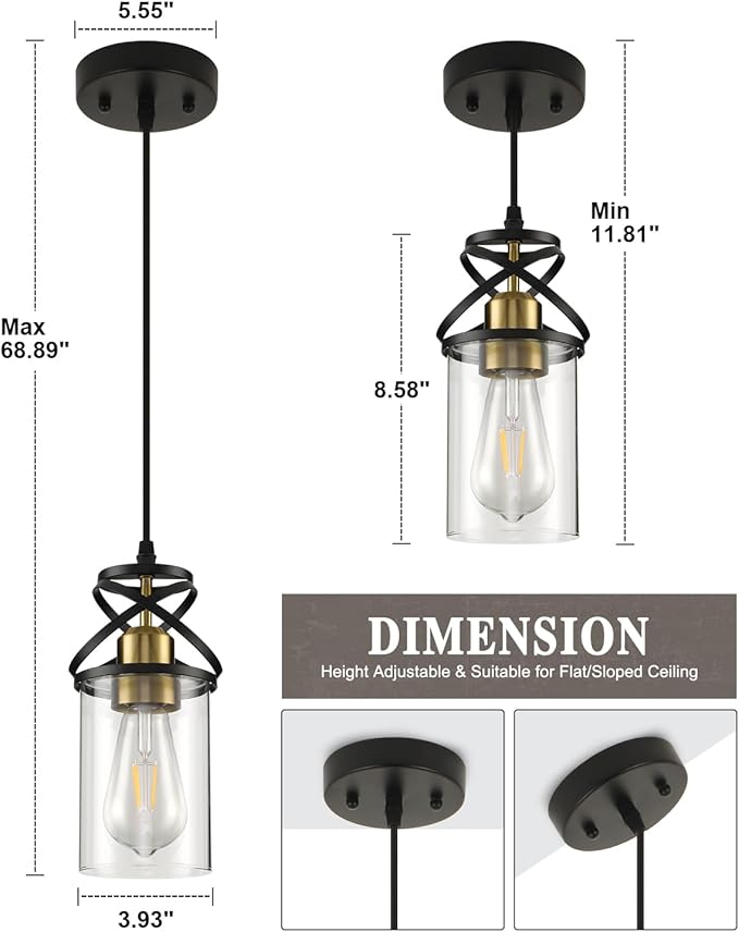 Modern Pendant Light Fixture, Black Gold Farmhouse Hanging Light for Kitchen Island, Industrial Clear Glass Pendant Lighting for Dining Room Bedroom, 3-Pack