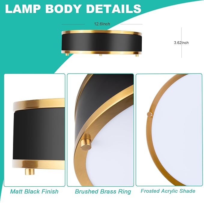 Edwarmlux 12.5 Inch LED Flush Mount Light Fixture, 26W, Modern Ceiling Light, 3 Color Adjustable 3000K/4000K/5000K, Dimmable for Bedroom, Hallway, Bathroom, Kitchen (Black Gold)