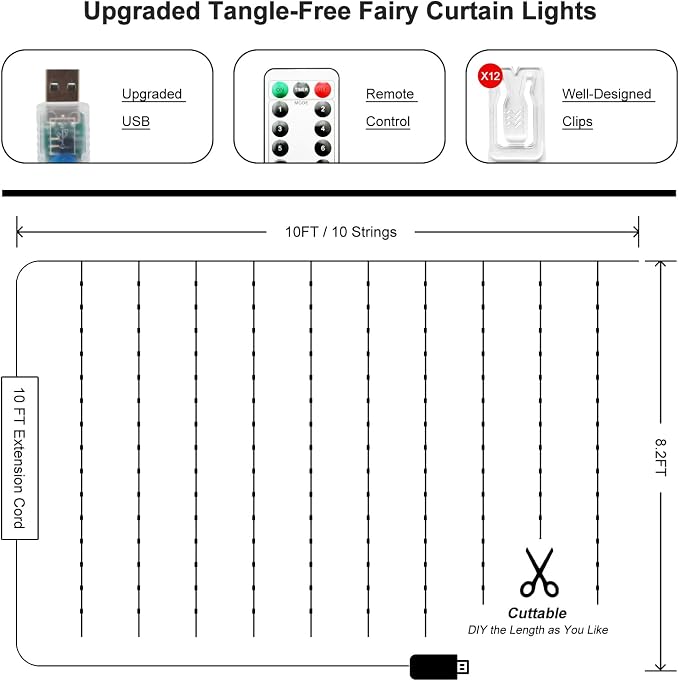 Fairy Curtain Lights Upgraded Tangle-Free Warm White USB Plug in 8 Modes String Hanging Lights with Remote for Christmas, Bedroom, Indoor, Outdoor, Weddings, Party (10FTx8.2FT)
