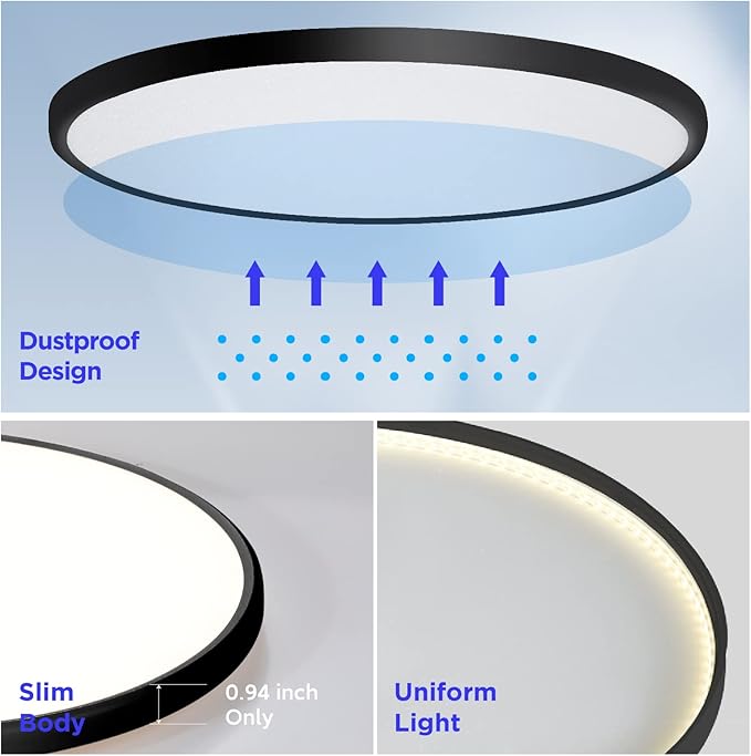 ocioc 18 inch Ceiling Light with Remote, 40W LED Flush Mount Light Fixture with 2000K Backlight, 3000K-6500K Light Color Changing, Black Ceiling Light Fixture for Bedroom,Living Room,Kitchen