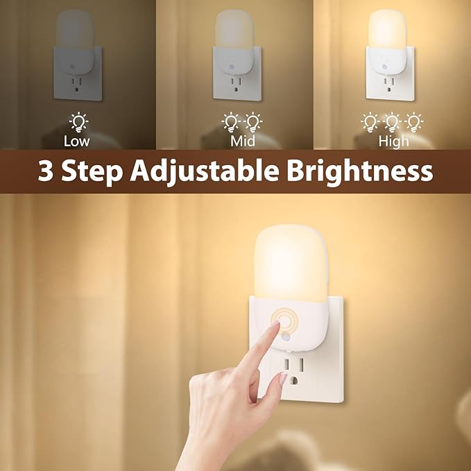echosari Night Lights Plug into Wall, 2 Pack Dimmable Night Light with Dusk to Dawn Light Sensors, Warm White LED Nightlights for Bathroom Bedroom Kitchen Hallway Stairs