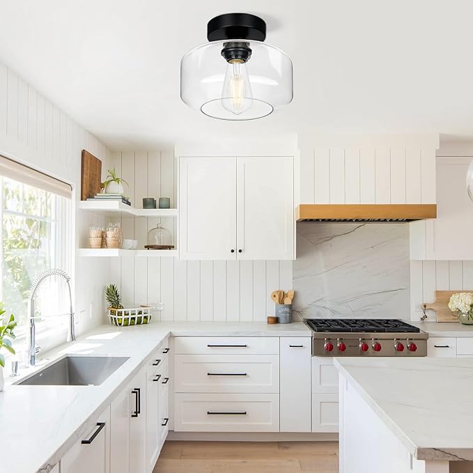 Industrial Semi Flush Mount Ceiling Light, 800 Lumen LED Bulb Included, Clear Glass Shade Ceiling Light Fixture, Farmhouse Light Fixture for Hallway Corridor Kitchen Bathroom Bedroom Passway