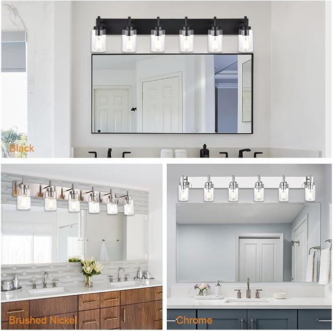 VINLUZ 6-Light Bathroom Vanity Light Fixture Black Modern Wall Lighting with Clear Glass Shade Industrial Sconces Wall Mounted Lamp for Kitchen Dining Room (Patent No.: US D958,438 S)