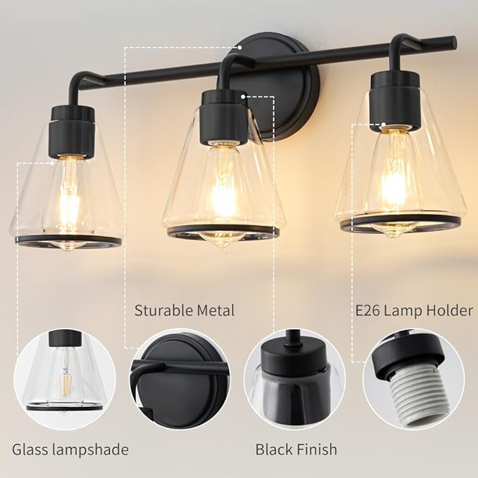 Black Bathroom Vanity Light 3 Lights Bathroom Light Fixtures Over Mirror Vanity Lighting Fixtures with Clear Glass Shade 22 inch Modern Vanity Lights for Bathroom Wall Sconce Lights for Bedroom