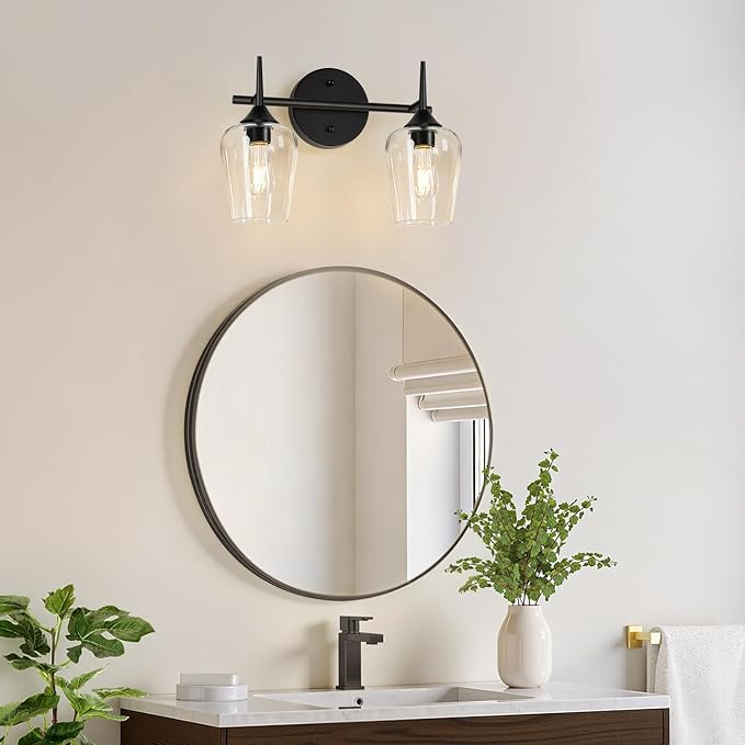 MOKATNG 2-Light Bathroom Light Fixtures, Black Vanity Lights for Bathroom with Clear Glass, Bathroom Lighting Fixtures Over Mirror, Modern Wall lamp for Cabinet Hallway