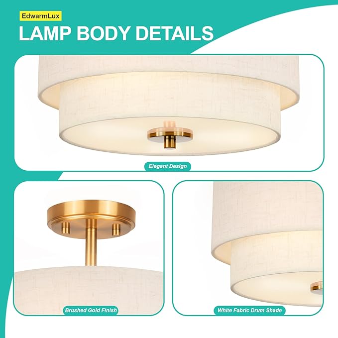 3-Light Semi Flush Mount Ceiling Light Fixture, 12.6" Gold Drum Light with White Fabric Shade, Modern Close to Ceiling Light for Living Room Bedroom Dining Room Kitchen Hallway Entry Foyer