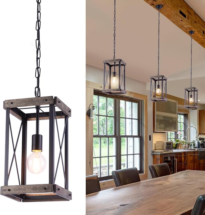 VILUXY Farmhouse Pendant Light for Kitchen Island 1-Light Wood Pendant Hanging Lamp Black Metal Cage Pendant Lantern Lighting for Dining Room Kitchen Hallway