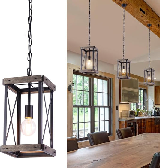 VILUXY Farmhouse Pendant Light for Kitchen Island 1-Light Wood Pendant Hanging Lamp Black Metal Cage Pendant Lantern Lighting for Dining Room Kitchen Hallway