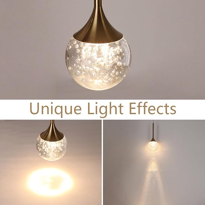Brushed Brass Crystal Pendant Lights, Globe Bubble Crystal Ceiling Hanging Light Fixture, Dimmable LED Light Fixture for Kitchen Island Dining Room Bar Bedroom, 3000K
