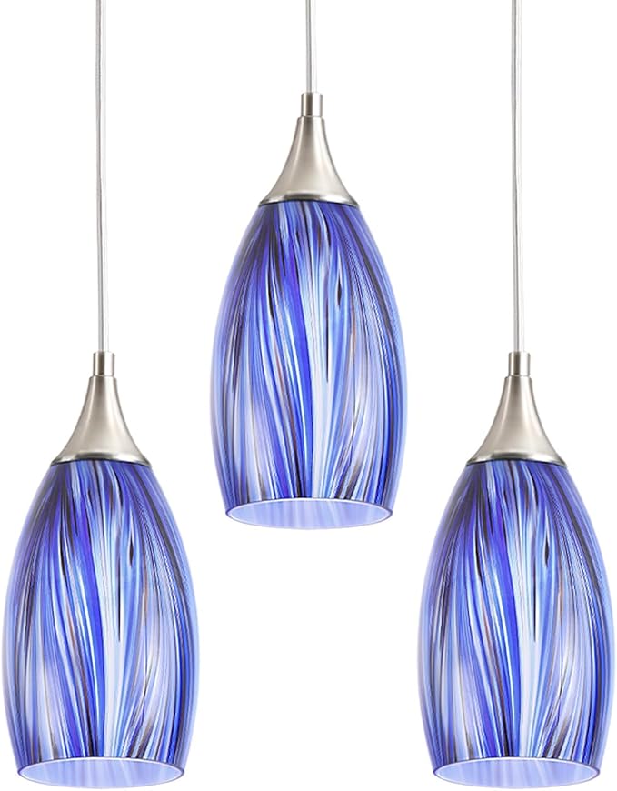 GLADFRESIT Deep-Sea Blue Glass Pendant Lights – Set of 3, Handcrafted Hanging Lights for Kitchen Island, Dining Room, or Entryway – Adjustable Nylon Cord & Ceramic Socket – E26 Base (Bulbs Excluded)