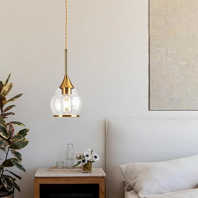 1-Piece Island Light for Kitchen, 1-Light Gold Kitchen Island Hanging Pendant Light with Clear Round Glass Shades, Brushed Gold Finish Dining Room Light Fixture Over Table