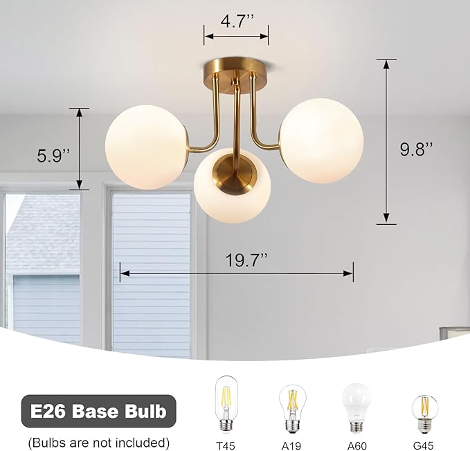 Bektas 3-Lights Semi Flush Mount Ceiling Light Fixture Brushed Gold Light Fixture Bend Modeling with Milk Glass Globe for Bedroom,Living Room,Dinning Room Foyer Hallway